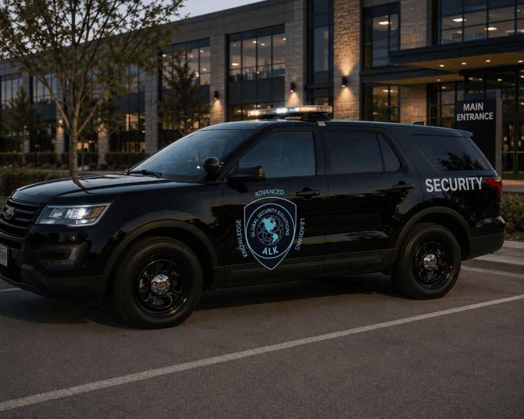 An ALK Global Security patrol SUV parked at a building's main entrance