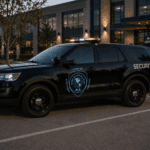 An ALK Global Security patrol SUV parked at a building's main entrance