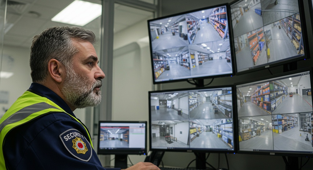 A guard observing security monitors