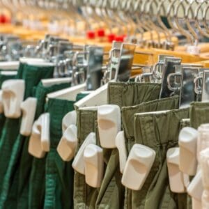 Clothing rack with plastic security devices on items.