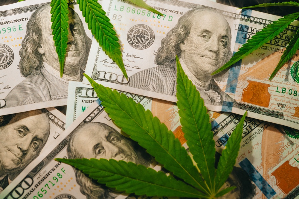 Marijuana leaves on top of $100 bills.