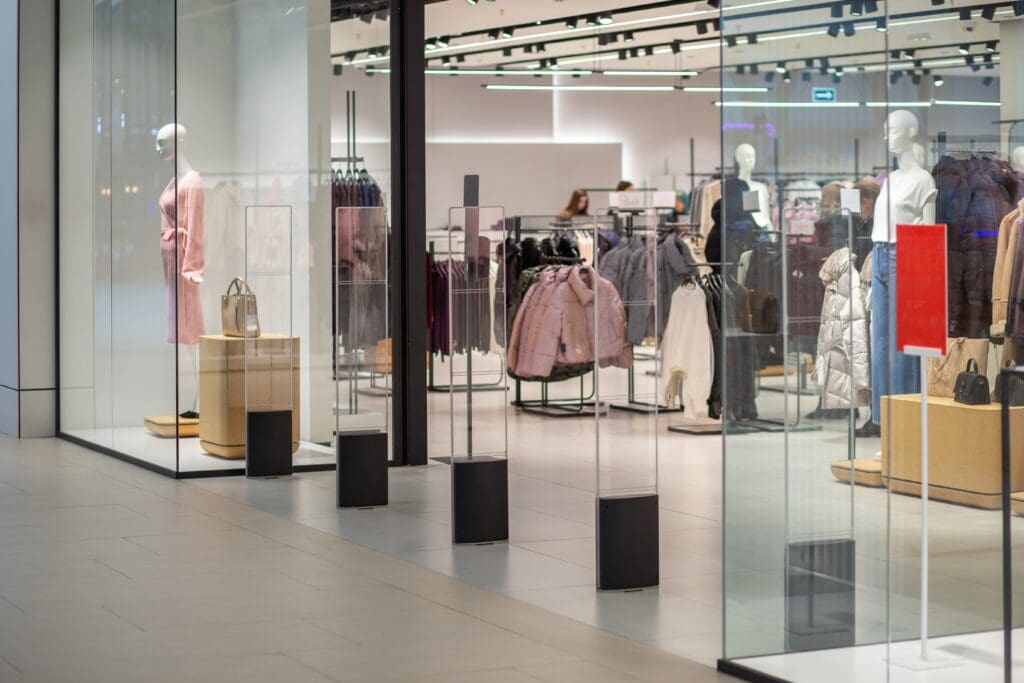 A retail store entrance with theft scanners