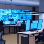 Male security operator working in a data system control room.