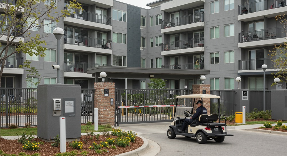 A security guard in a golf cart at an apartment complex gate.