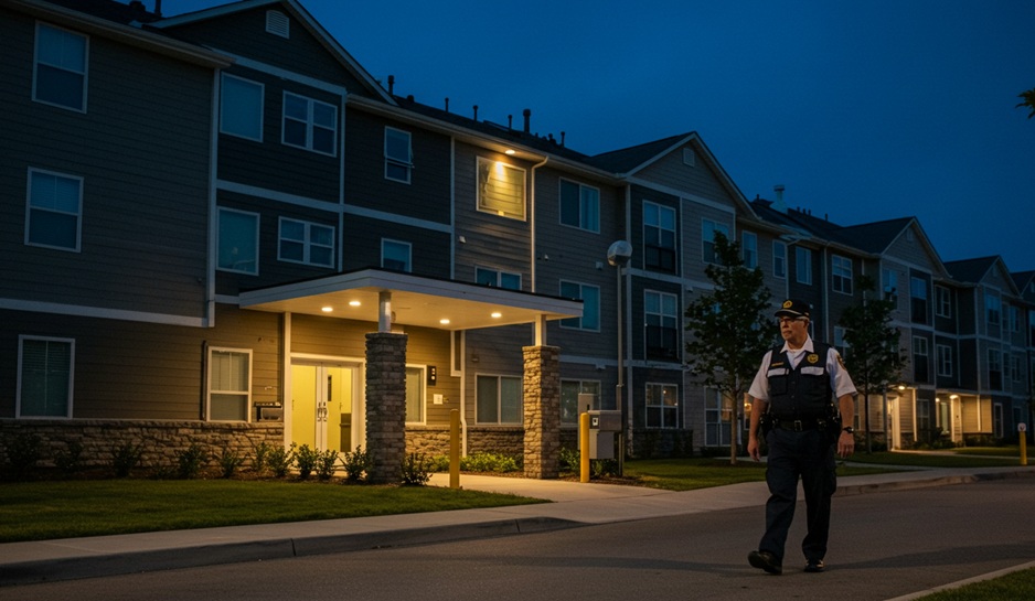 A security guard patrolling an apartment complex.