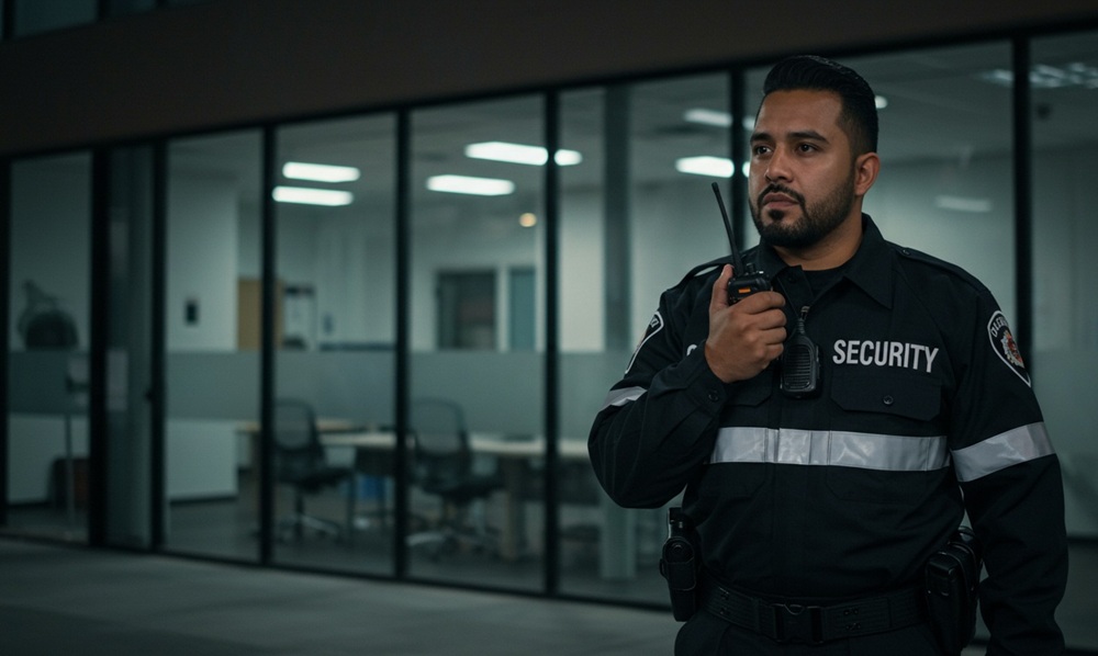 A security guard outside a business.