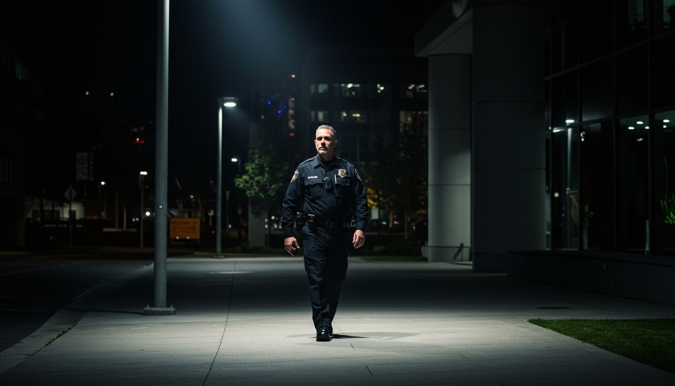 A security guard patrolling at night