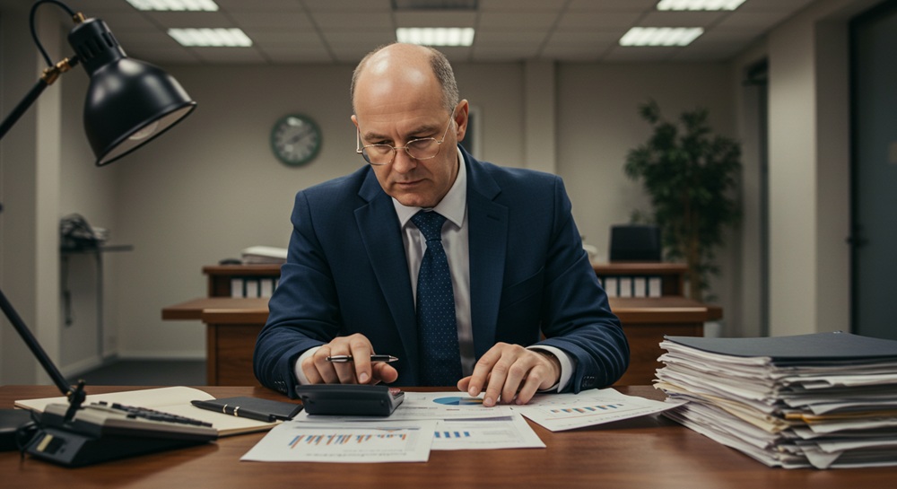 A businessman calculating expenses.