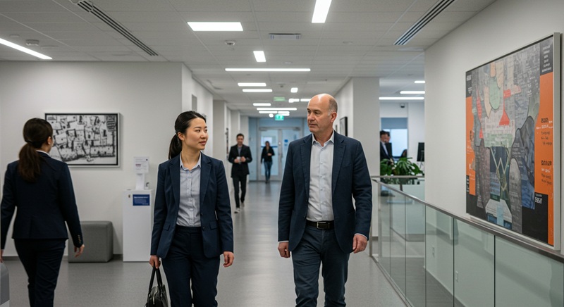 Two coworkers walking together.