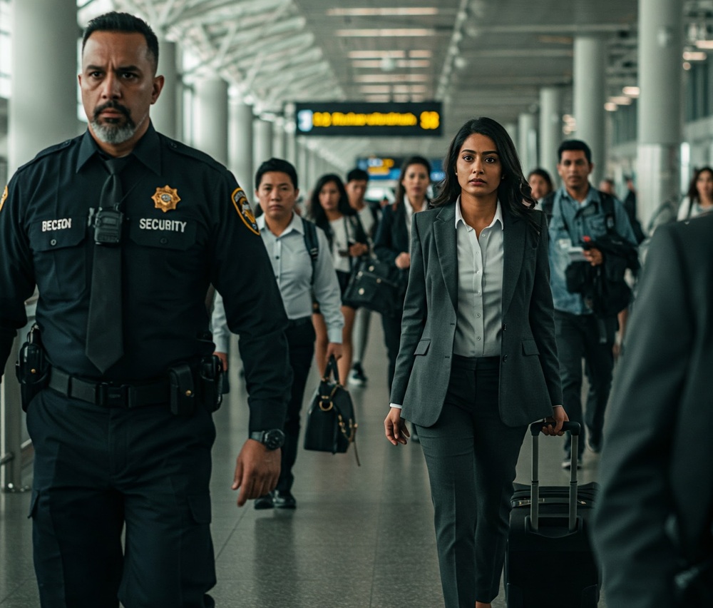 A female executive walking with a security guard.