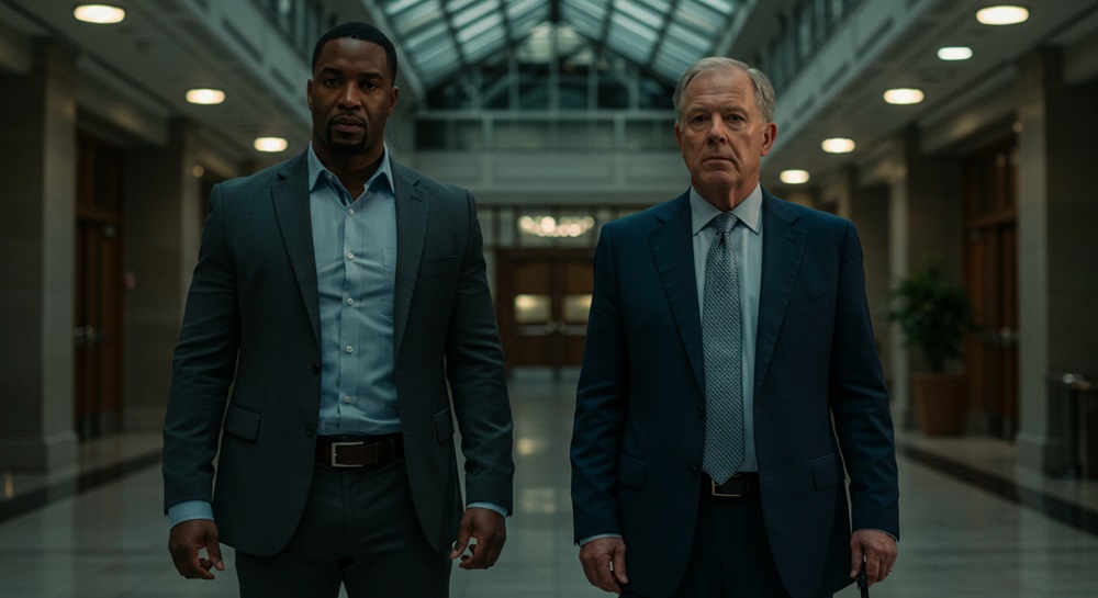 An executive walking with an undercover security guard.