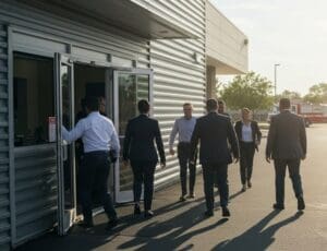 A business conducting a fire drill.