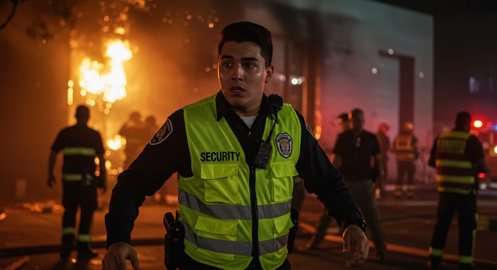 A security guard during a fire emergency.