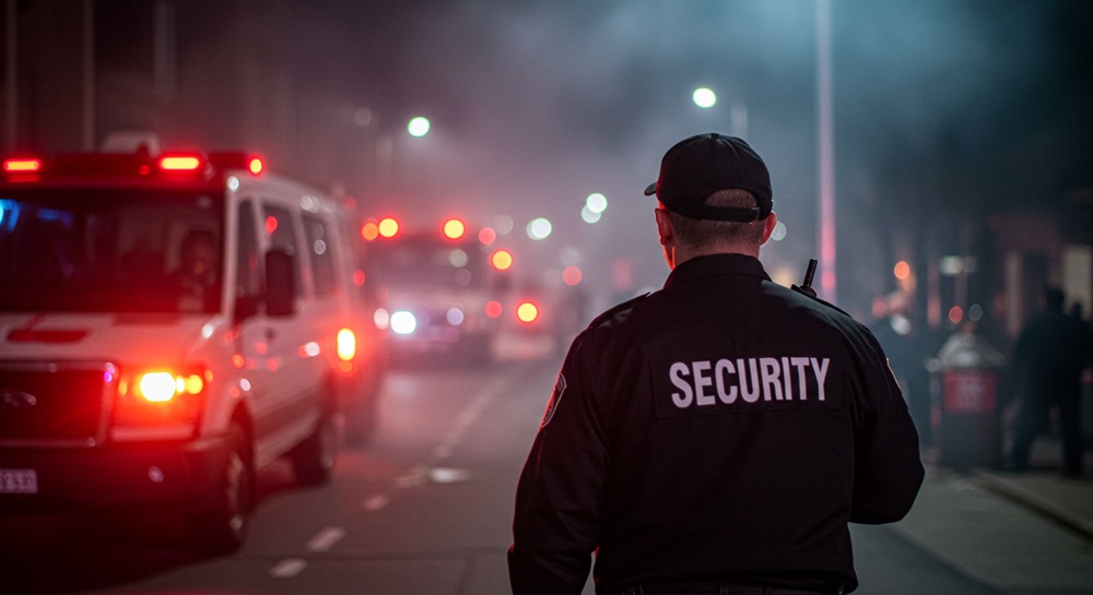 A security guard working with first responders.