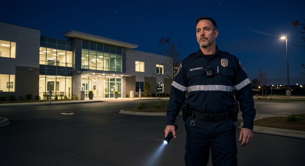 A firewatch security guard at night