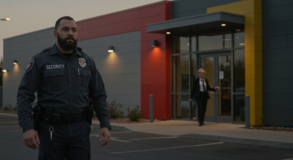 A firewatch security guard outside a commercial building.