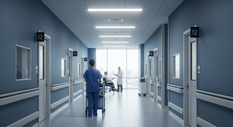 A hospital hall with hospital personnel.