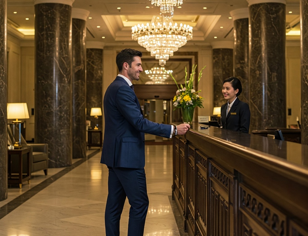 An executive checking into a hotel.