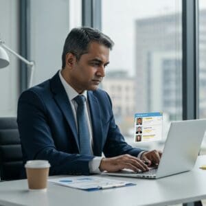 A business man reading online reviews