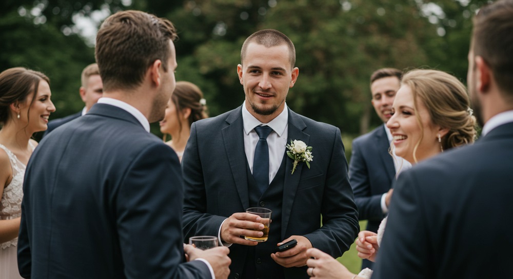 People talking at an outdoor wedding.