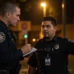 A police officer speaking with a security guard.