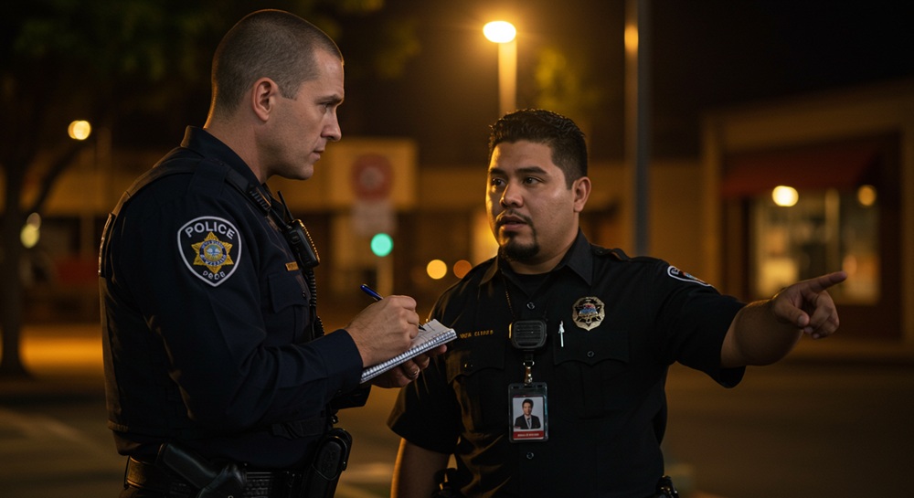 A police officer speaking with a security guard.