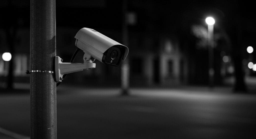 A outdoor security camera at night.