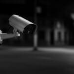 A outdoor security camera at night.