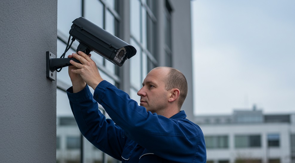 A professional installing a security camera.