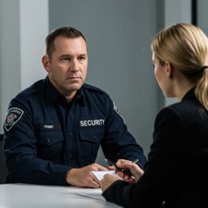 Security officer talking with a colleague who's taking notes