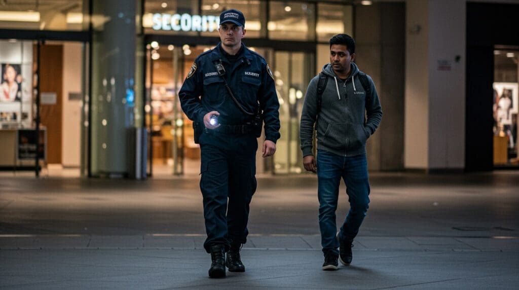 2 security guards crossing a street.