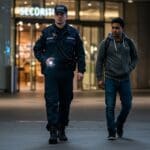 2 security guards crossing a street.