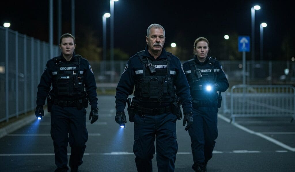 3 security guards walking at night