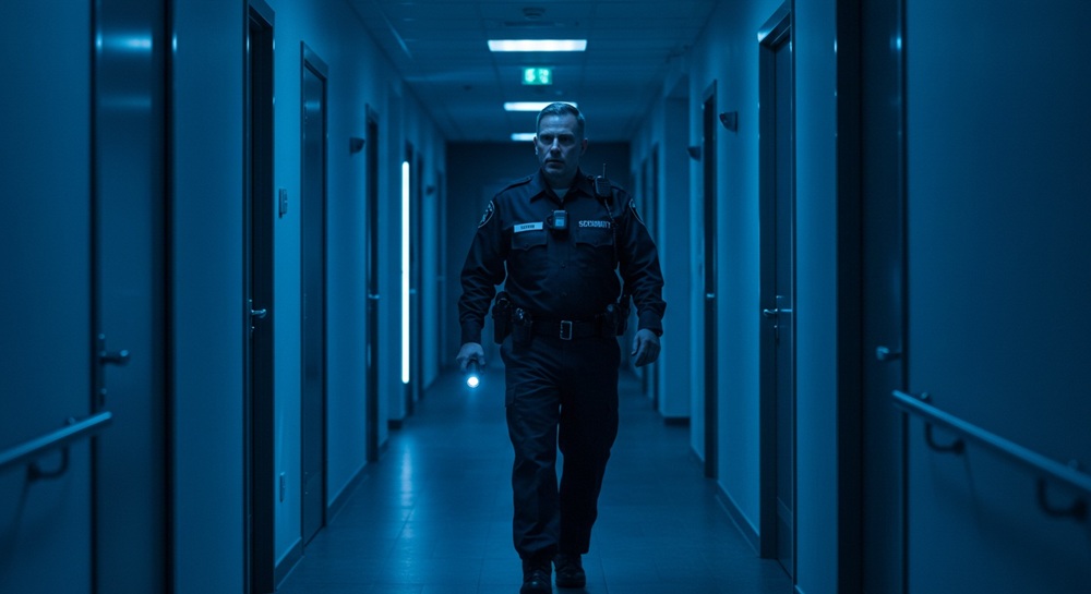 A security guard patrolling an office.