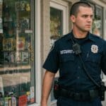 A security guard outside a small business.