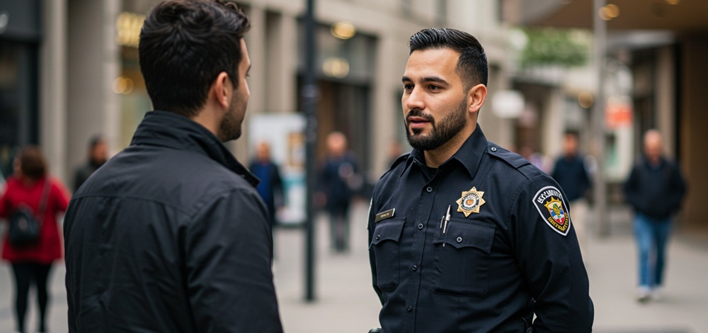 A security guard speaking with someone.