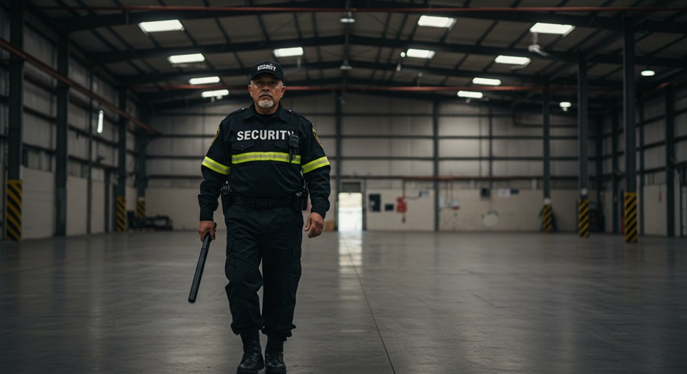 A security guard walking through a spacious warehouse