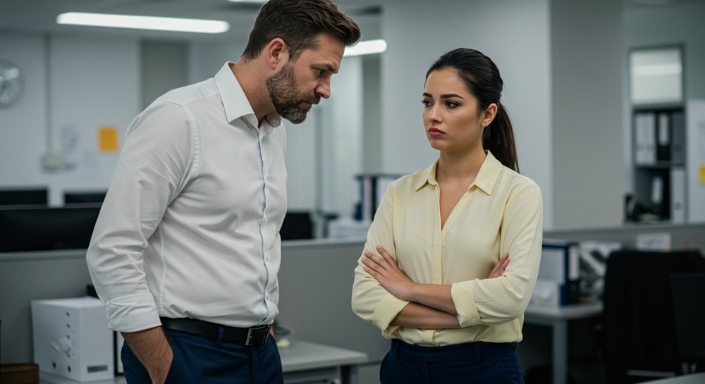 A male and female employee in an uncomfortable conversation.